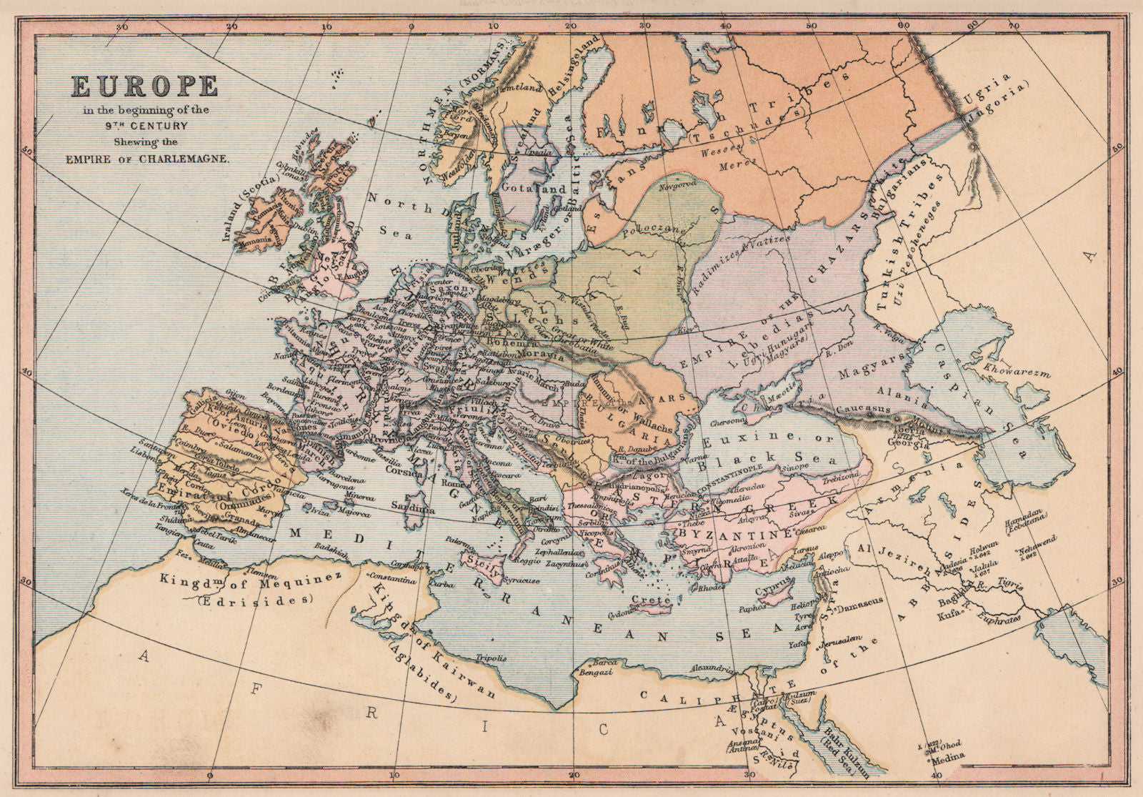9C EUROPE. Empires Charlemagne Istanbul Emirate Cordoba. COLLINS 1880 old map